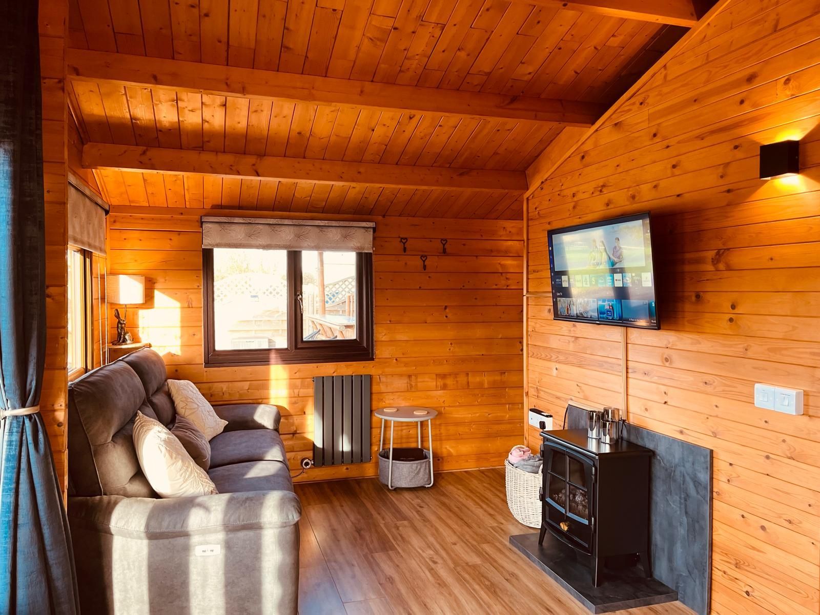 A living room in a log cabin with a couch and a television.