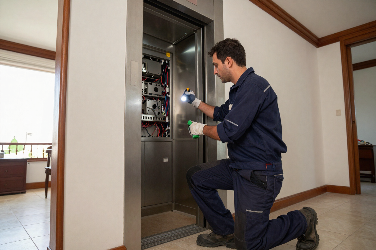 Un técnico arrodillado junto a un cuadro eléctrico abierto, inspeccionando el cableado con una linterna en un pasillo
