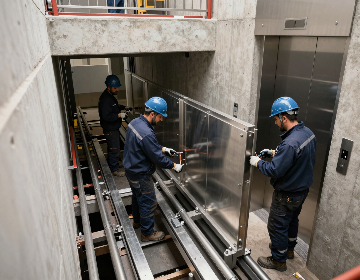 Los trabajadores con cascos azules instalan un panel de vidrio en el hueco de un ascensor.