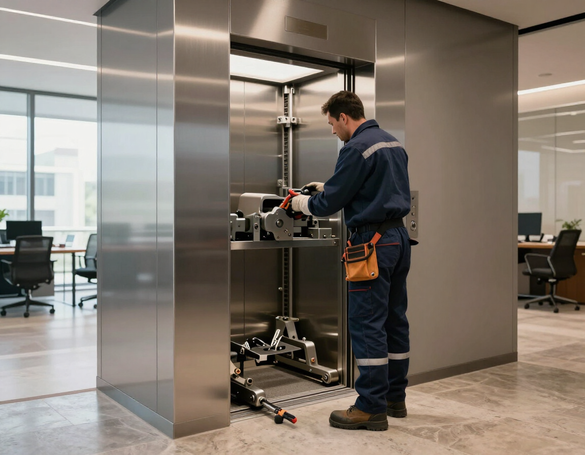 Técnico trabajando con equipos dentro de un armario industrial de acero inoxidable en una oficina