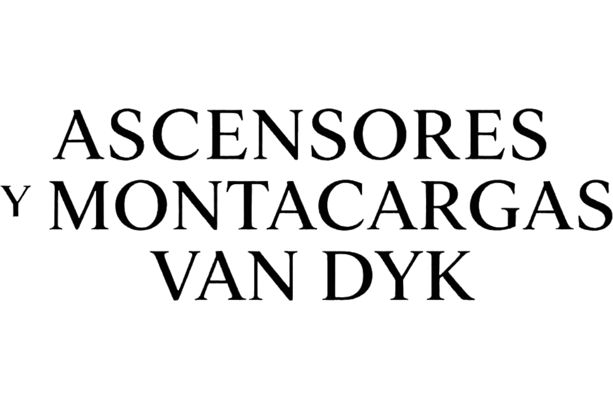 Logotipo en texto negro que dice «ASCENSORES Y MONTACARGAS VAN DYK» sobre fondo blanco
