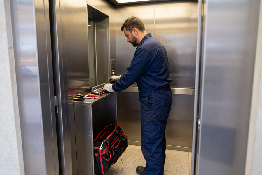 Técnico reparando equipos en un ascensor de acero inoxidable, con una bolsa roja de herramientas a su lado
