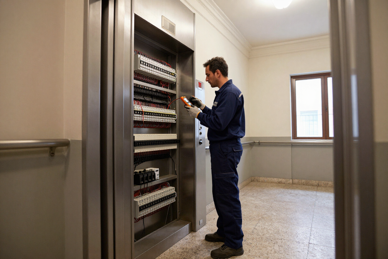 Un hombre con uniforme azul inspecciona cuadros eléctricos en una luminosa sala de servicio