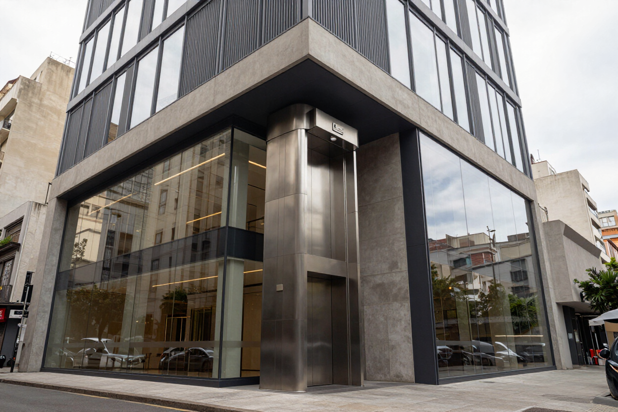 Moderno edificio de oficinas de cristal, con una entrada en esquina de piedra y metal, en una calle de la ciudad