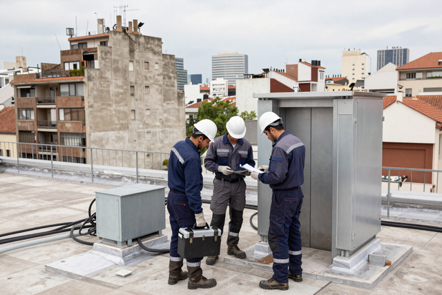 Tres trabajadores con cascos de seguridad revisan unos planos en una azotea, con edificios de la ciudad al fondo