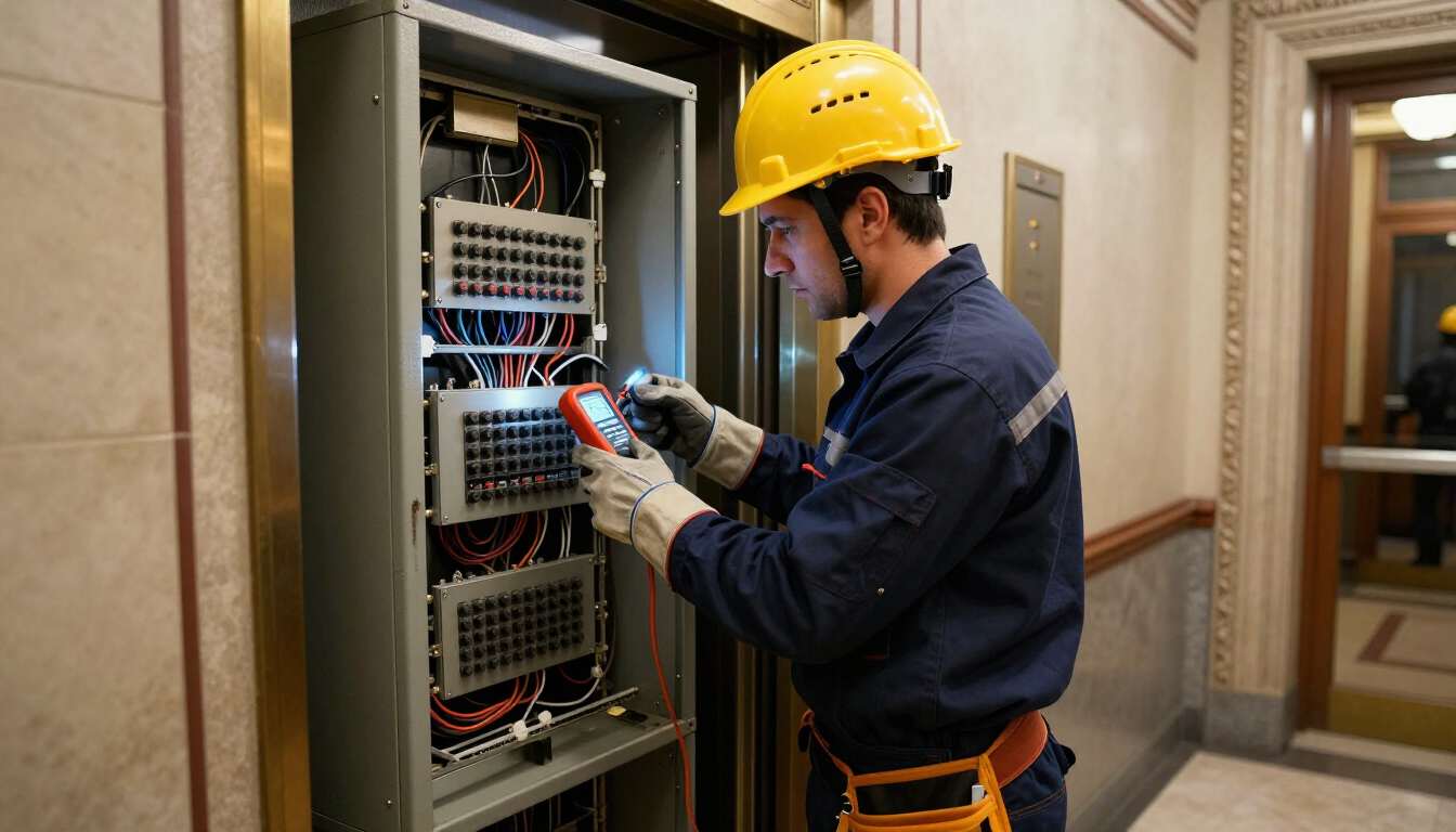 Técnico con casco amarillo inspeccionando un cuadro eléctrico en un pasillo.