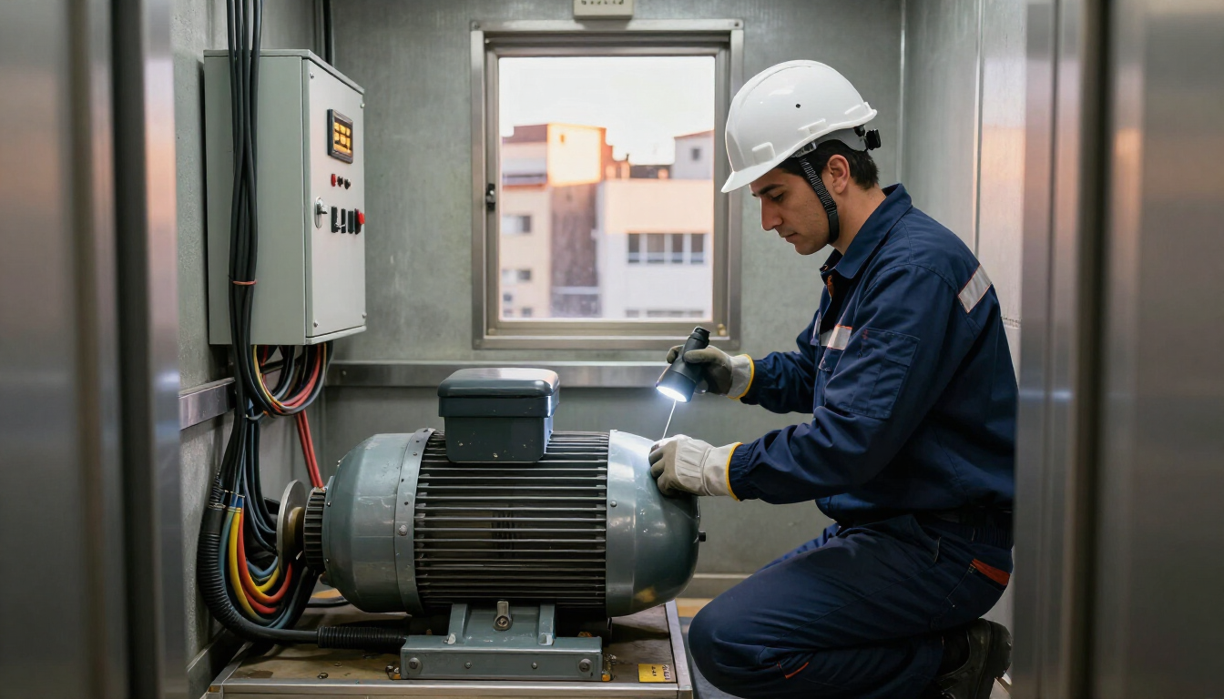 Técnico con casco de seguridad inspeccionando un motor grande en una sala de equipos industriales