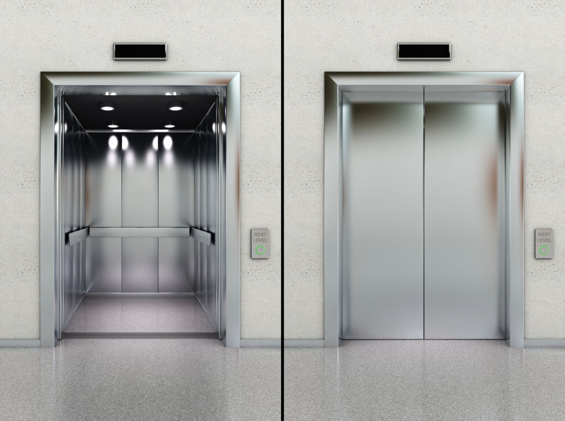 Dos puertas de ascensor una al lado de la otra, una abierta con el interior iluminado y la otra cerrada