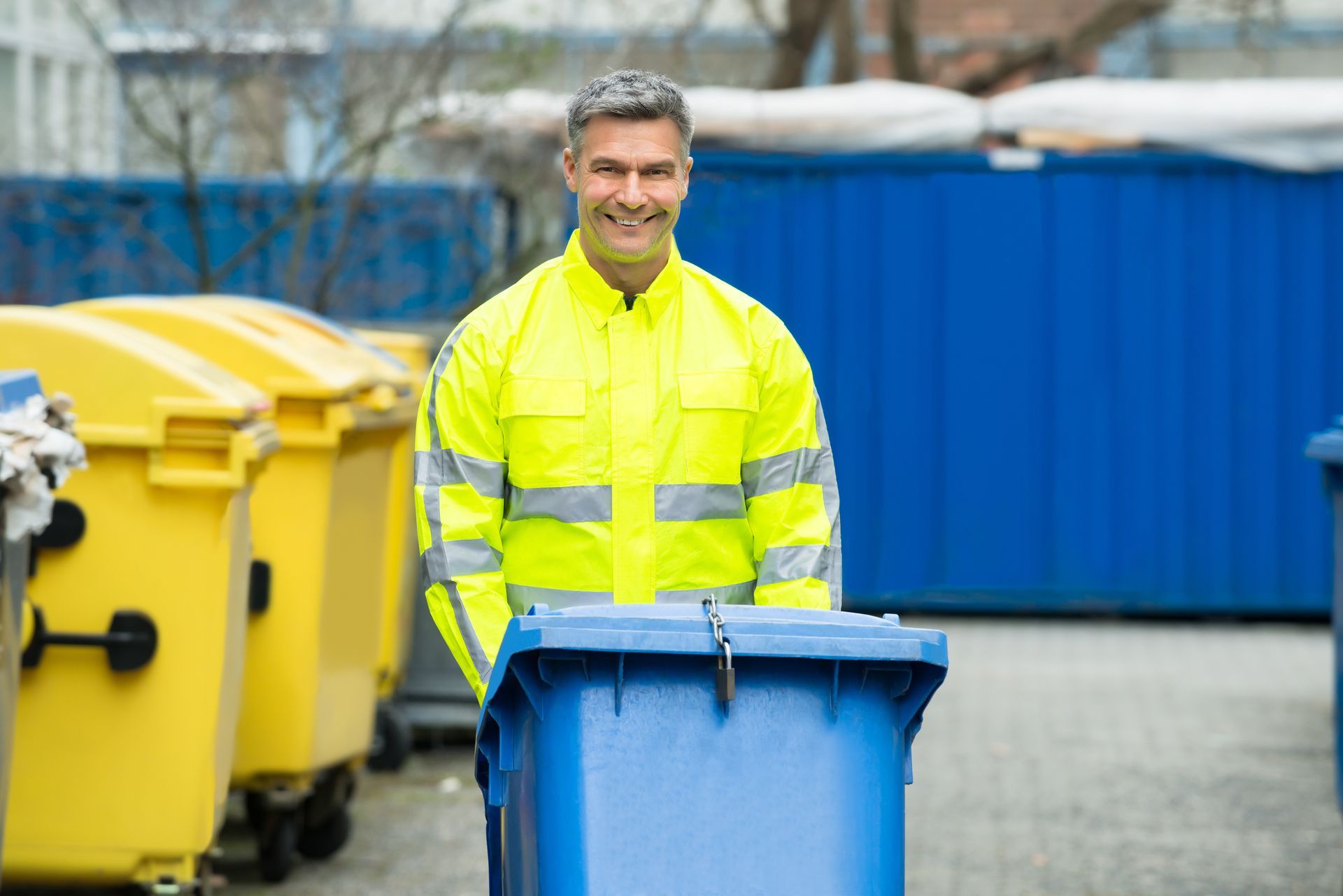 A smiling worker walking with a blue wheel bin on a street with large yellow bins behind him. A smiling worker walking with a blue wheel bin on a street with large yellow bins behind him.