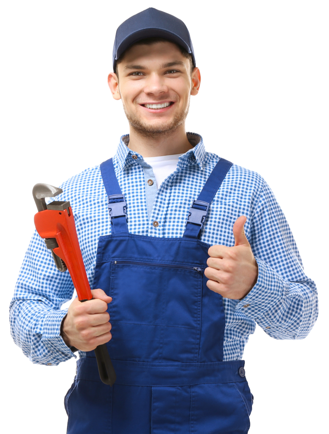 Plumber holding a wrench, smiling, giving thumbs up. Wearing blue overalls and cap.