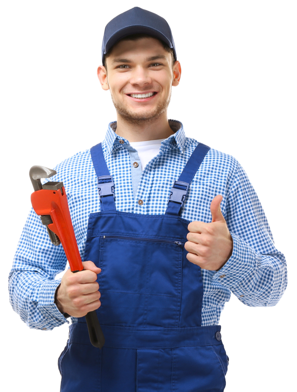 A man in overalls is holding a wrench and giving a thumbs up.