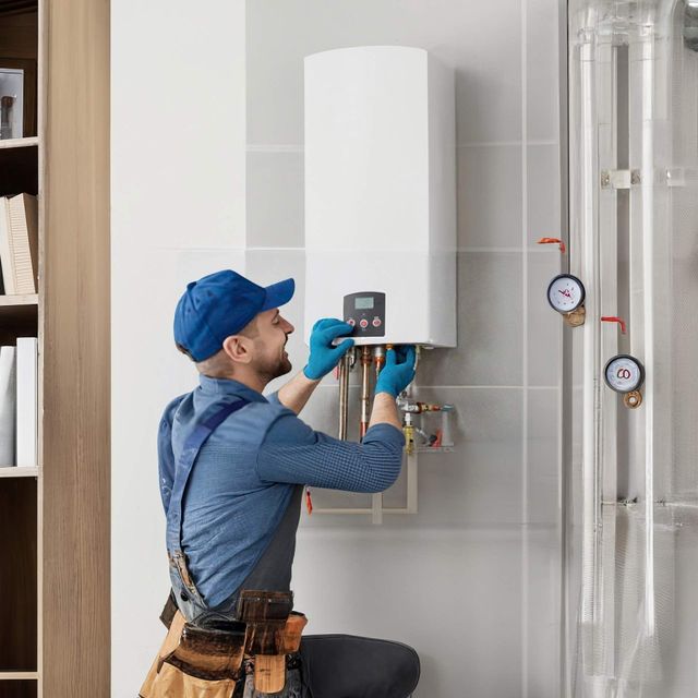 Plumber installs a white boiler on a tiled wall, wearing blue coveralls and cap, with tool belt.
