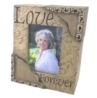 Decorative photo frame with the word “Love” and a portrait inside, with “Forever” at the bottom.
