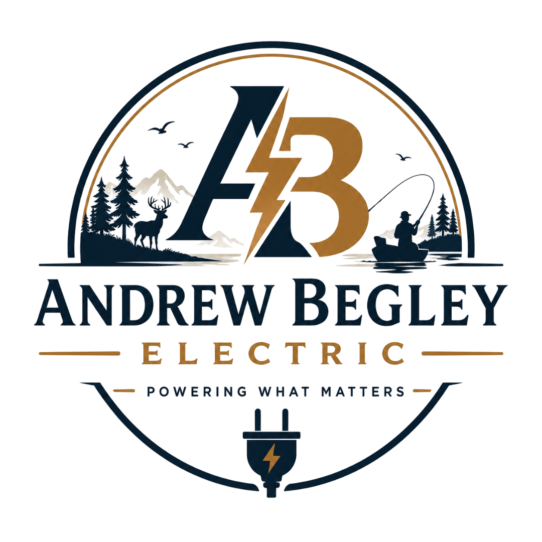 Andrew Begley Electric logo with stylized AB, trees, and lightning bolt; tagline "Powering What Matters"