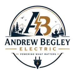 Andrew Begley Electric logo with stylized AB, trees, and lightning bolt; tagline "Powering What Matters"