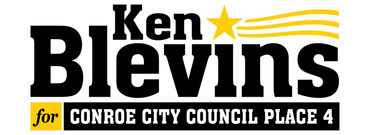 Ken Blevins for Conroe City Council Place 4 campaign logo with star and gold stripes.