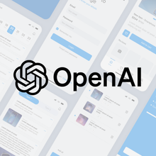 OpenAI logo over smartphone app mockups, showcasing different user interface screens.