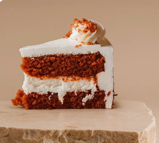 Fetta di torta red velvet a strati con glassa bianca su un piedistallo di pietra su sfondo beige.