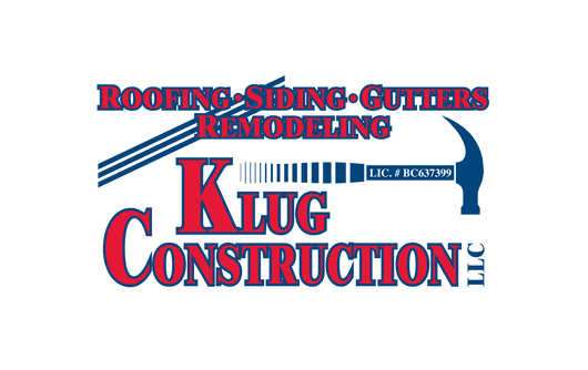 Klug Construction LLC logo with roofing, siding, gutters, and remodeling text in red and blue