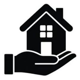 Black house icon resting on an open hand, symbolizing home care or protection