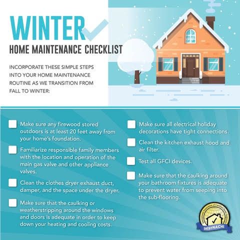 Winter home maintenance checklist infographic with house illustration and snowy blue design