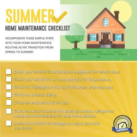 Summer home maintenance checklist infographic with yellow and green house illustration and safety tips