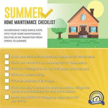 Summer home maintenance checklist infographic with yellow and green house illustration and safety tips