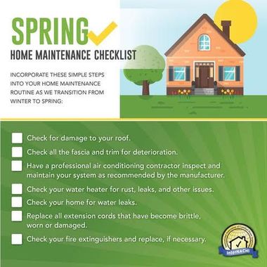 Spring home maintenance checklist with house illustration and green checklist items on a white and green background