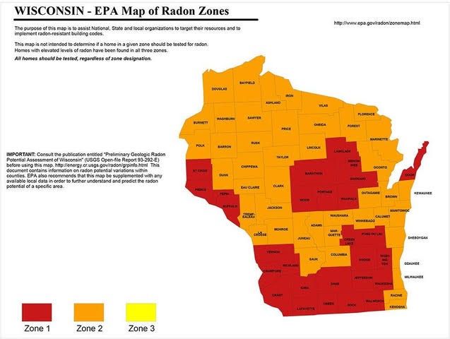 Wisconsin EPA map of radon zones, colored red, orange, and yellow across the state