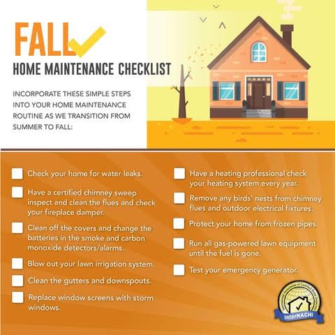 Fall home maintenance checklist with house illustration and orange-yellow background