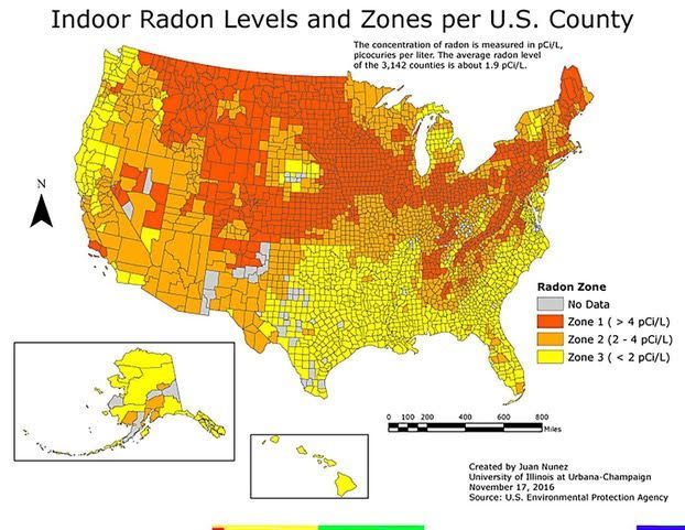 U.S. map of indoor radon zones, color-coded from yellow to dark red by county with Alaska and Hawaii insets