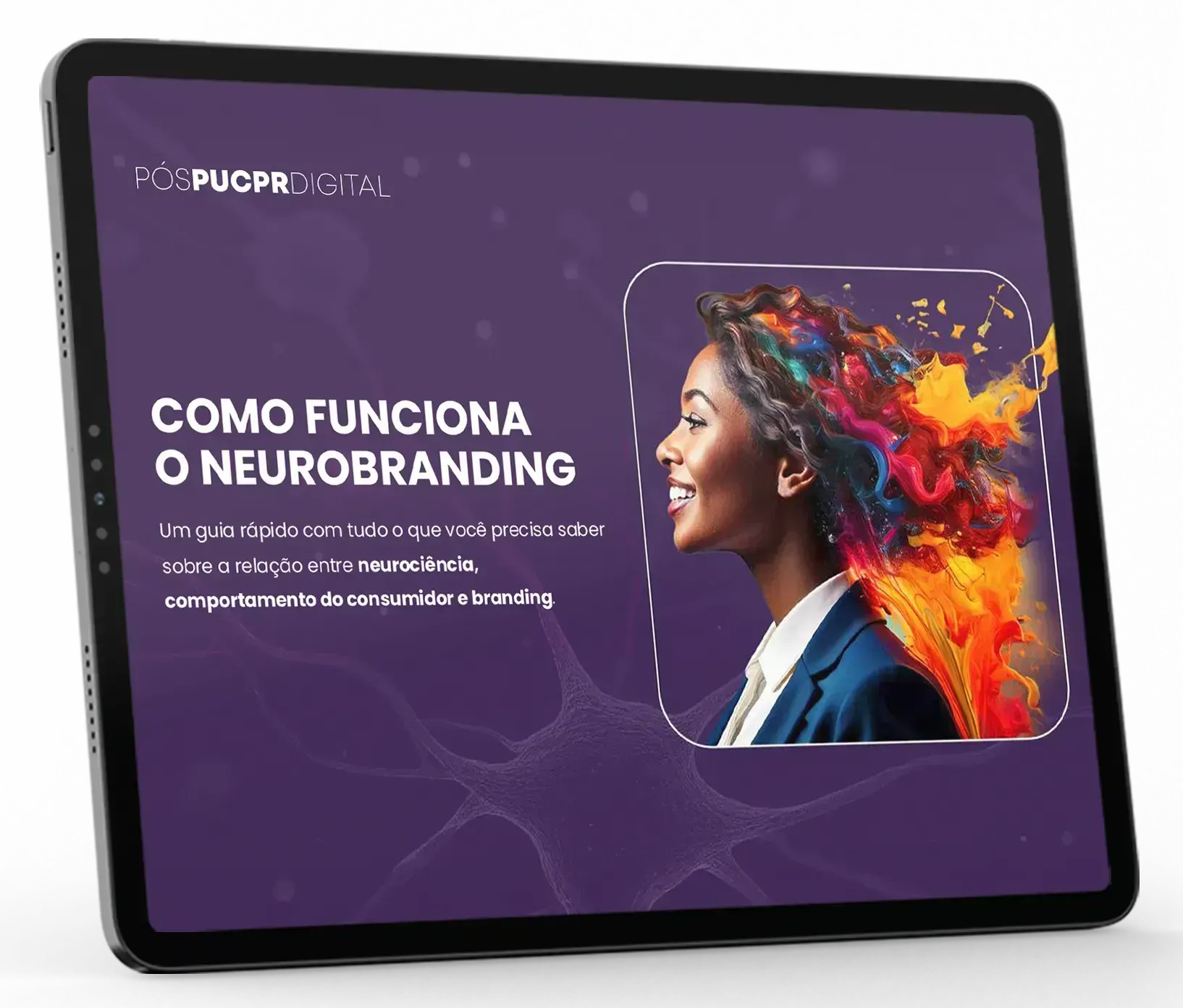 Um tablet com a imagem de uma mulher e as palavras como funciona o neurobranding nele.