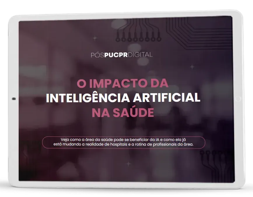 A tablet with a purple background and the words `` o impacto da inteligencia artificial na saúde '' on it.