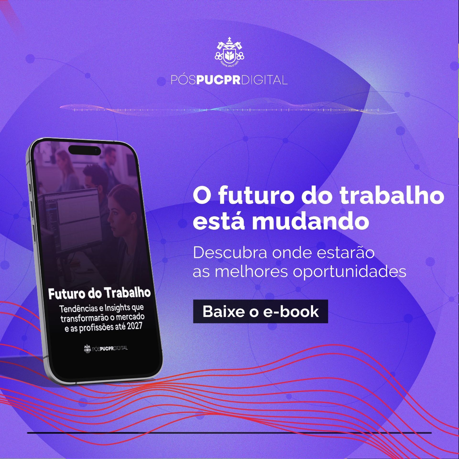 Banner roxo promocional em português sobre o futuro do trabalho, com celular e chamada “Baixe o e-book”.