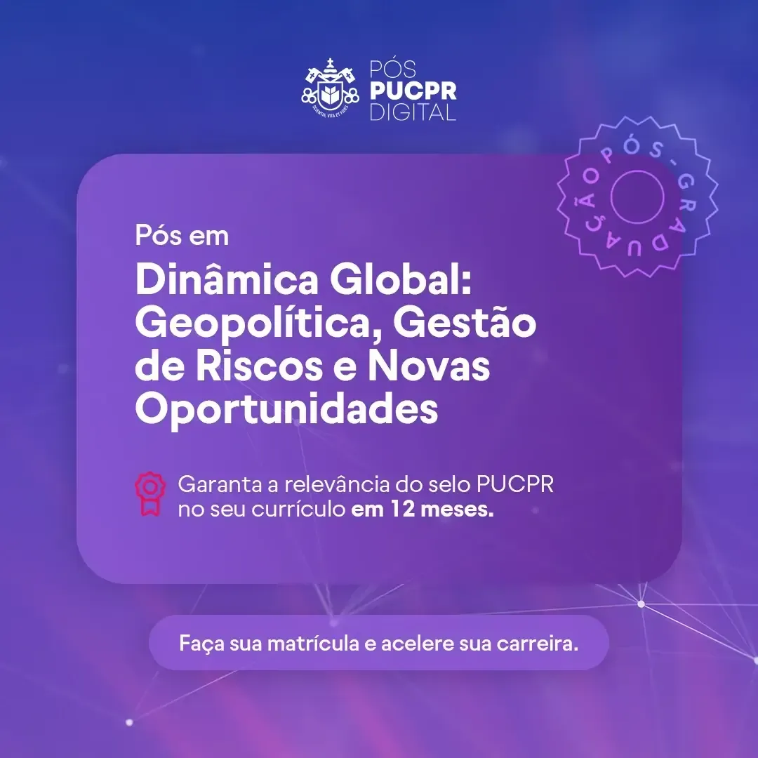 Advertisement for a PUCPR postgraduate degree in Global Dynamics, in purple and blue, with text.