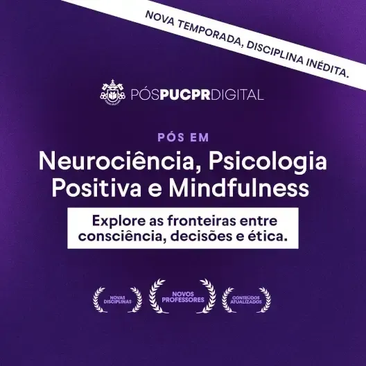 A purple advertisement for a Pós PUC-PR Digital postgraduate course in Neuroscience, Positive Psychology, and Mindfulness.