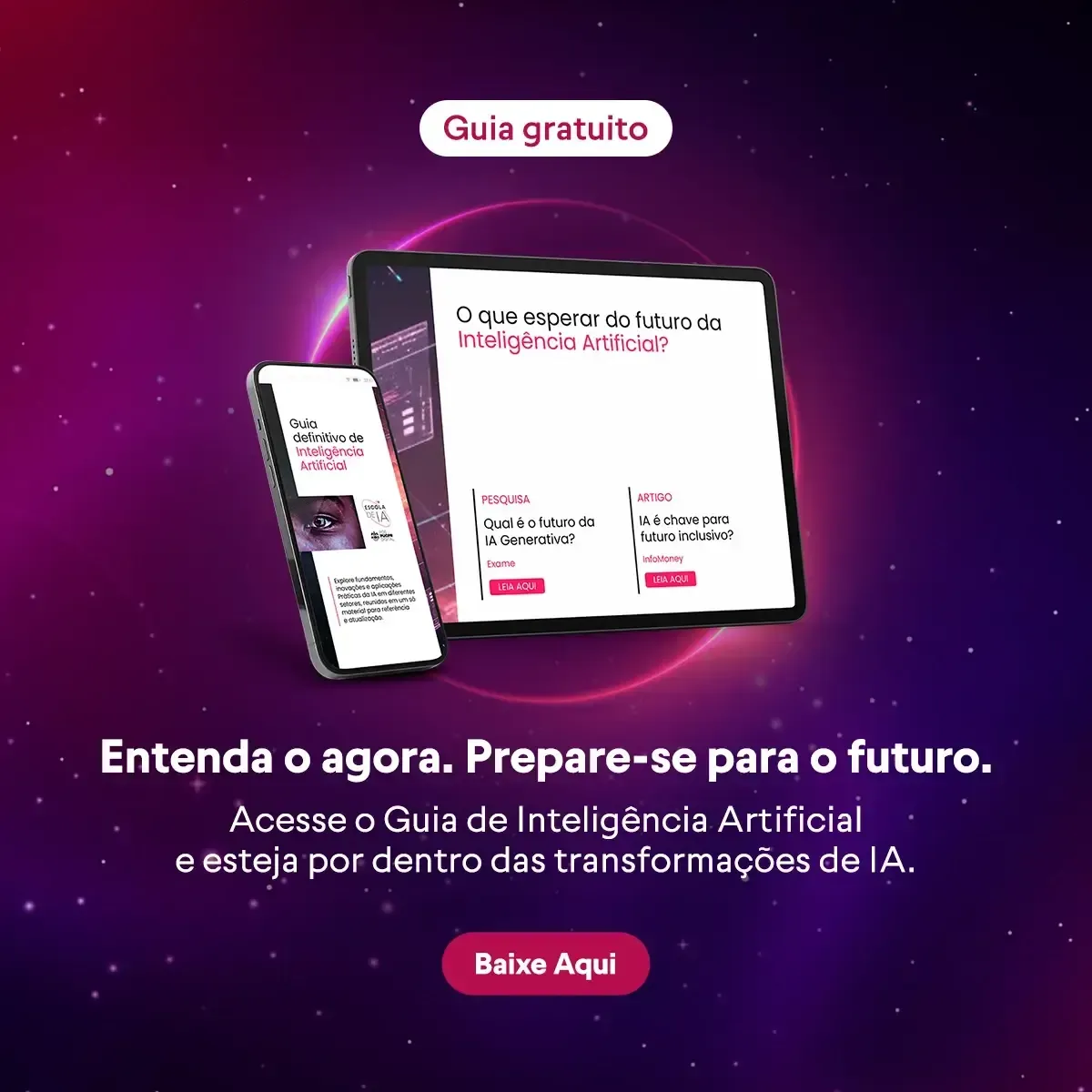 Advertisement for a free AI guide, with a tablet and phone displayed. Text reads: 