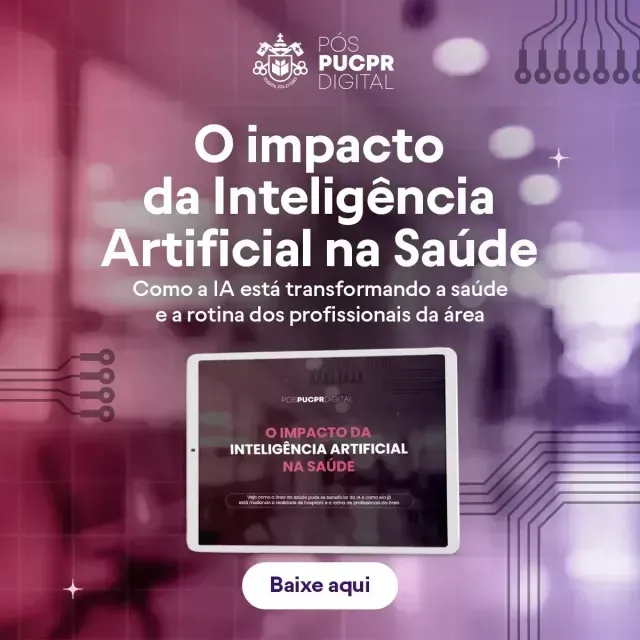 Poster about the impact of Artificial Intelligence in healthcare. Includes a tablet, and call to action to download.