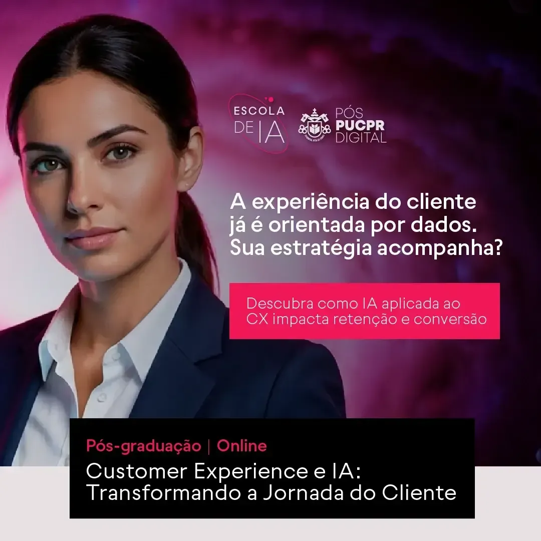 Banner roxo de pós-graduação online em Customer Experience e IA, com retrato de mulher em terno.