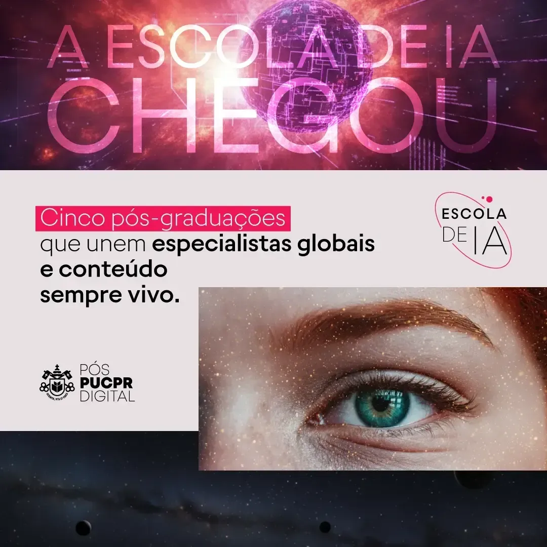 Cartaz rosa e preto da Escola de IA com slogan sobre especialistas globais e um close de olho azul.
