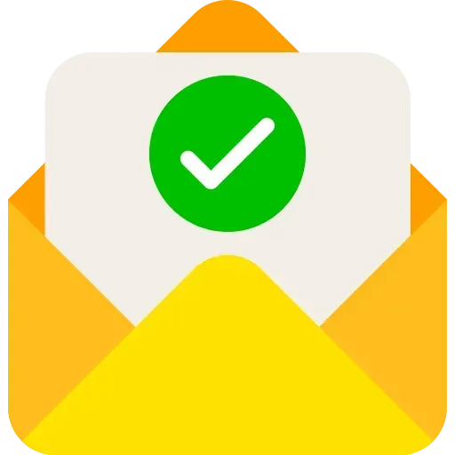 Um envelope amarelo com uma marca de verificação verde.
