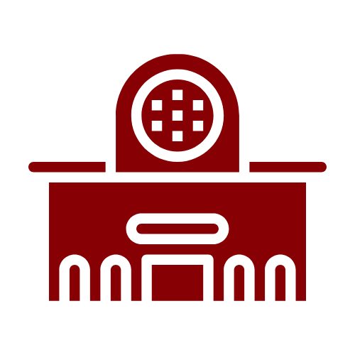 A red icon of a building with a dome on top of it.