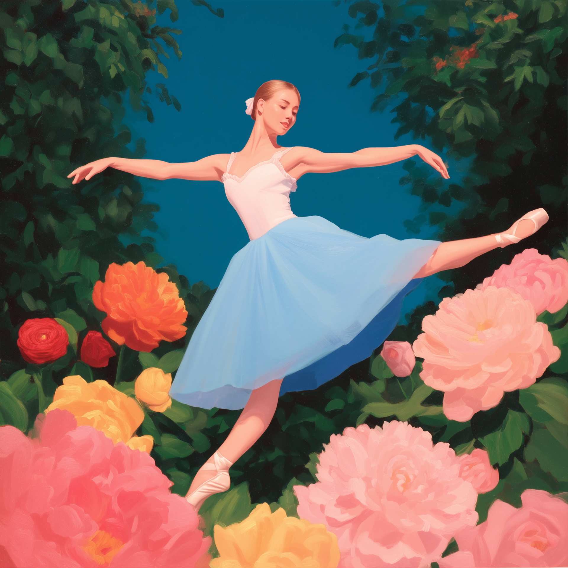 Ballerina in blue tutu dances amidst colorful flowers; green foliage, teal sky.