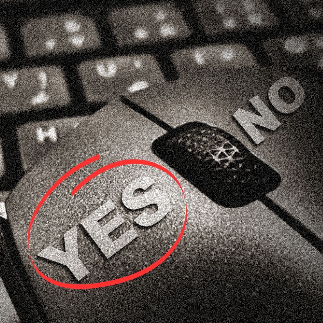 grainy image of a mouse on a keyboard. The yes left hand button is circled in red