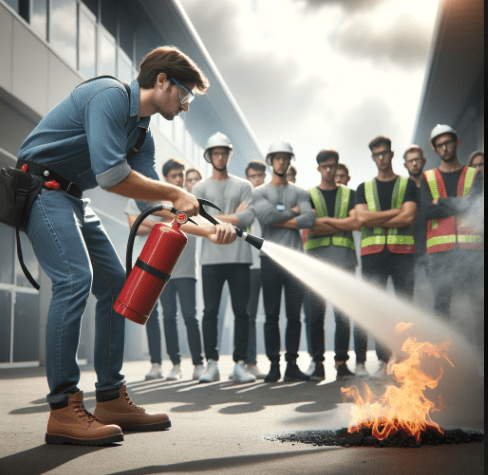 example de manipulation d'extincteur sur feu reel en 2024 entreprise fait avec IA.