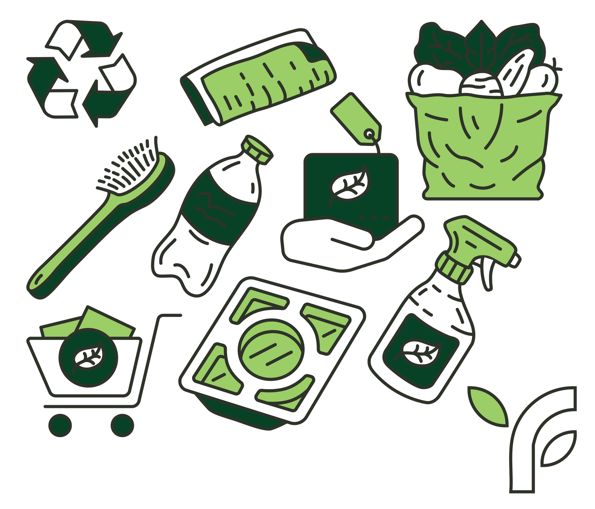 A set of green icons on a white background.