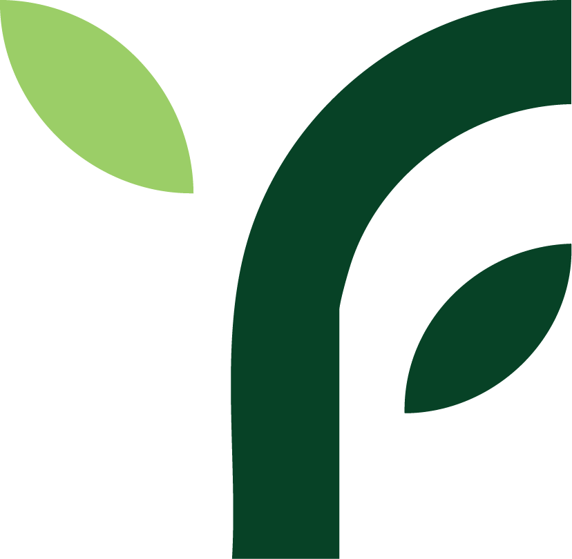 A green letter f with two green leaves on a white background.