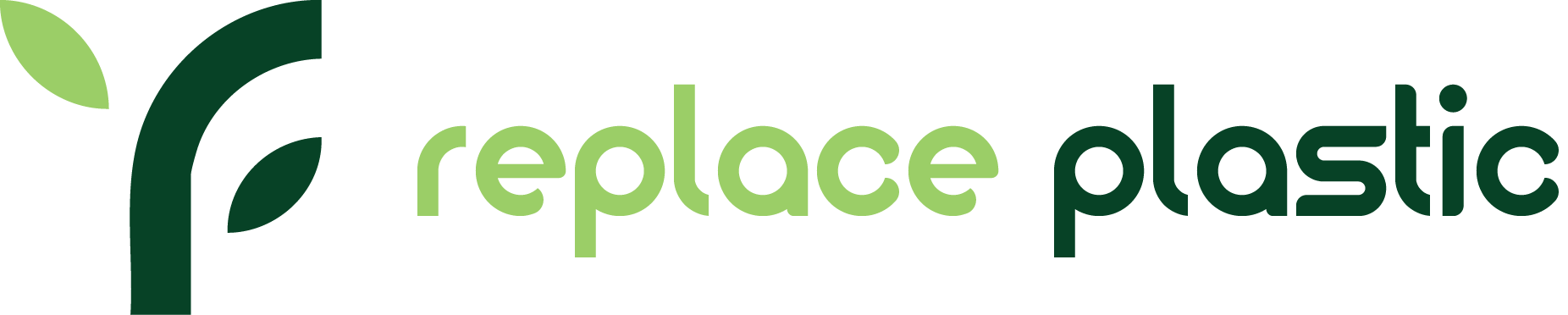 A green and white logo for a company called replace plastic