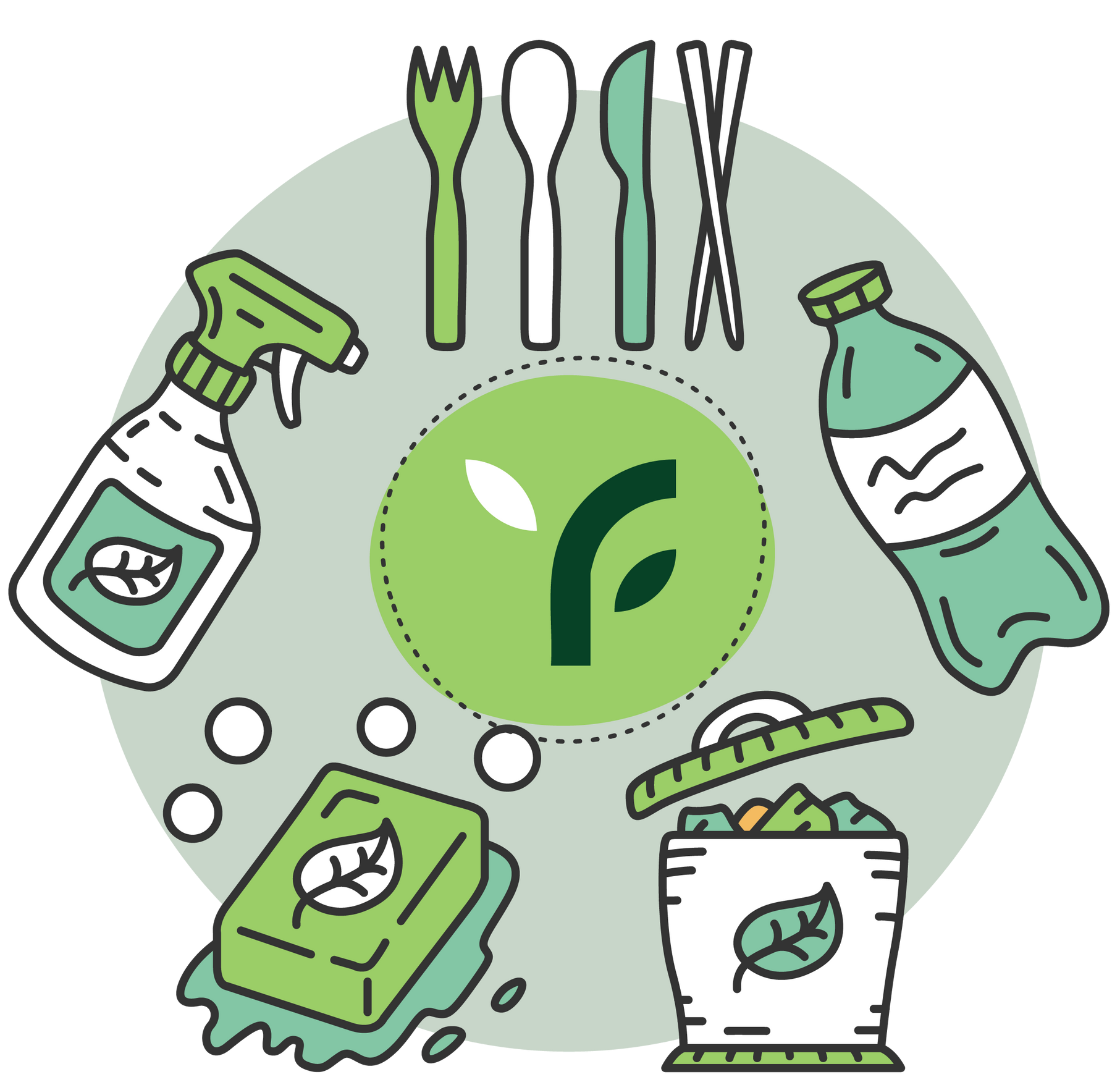 A green circle with a spray bottle , utensils , a soap bar , and a trash can.