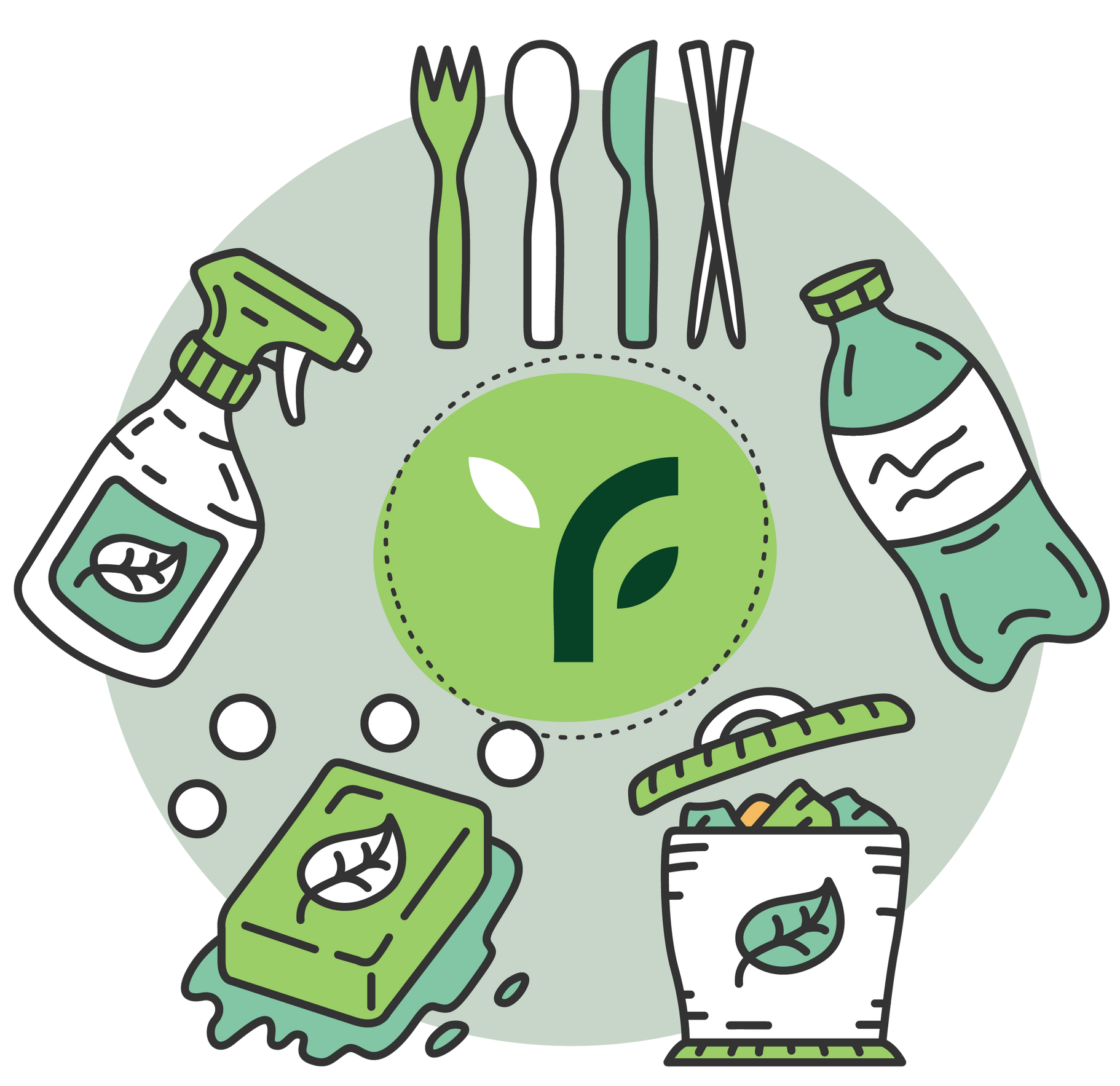 A green circle with a bottle , soap , utensils , and a trash can in it.